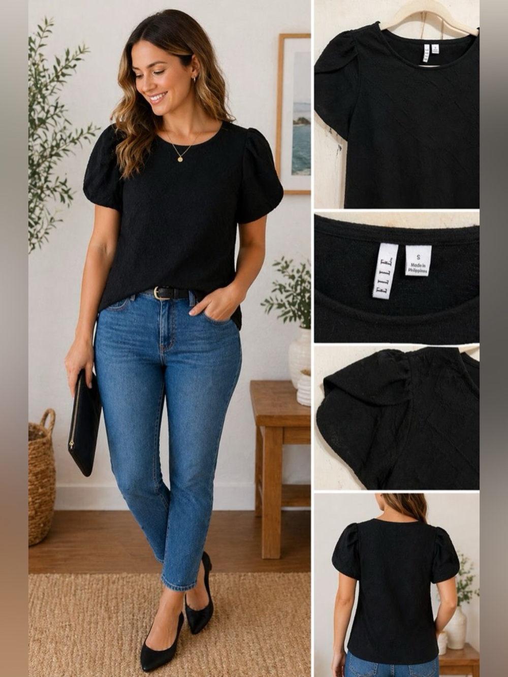 Elle Black Textured Puff Sleeve Top Small Dressy Blouse